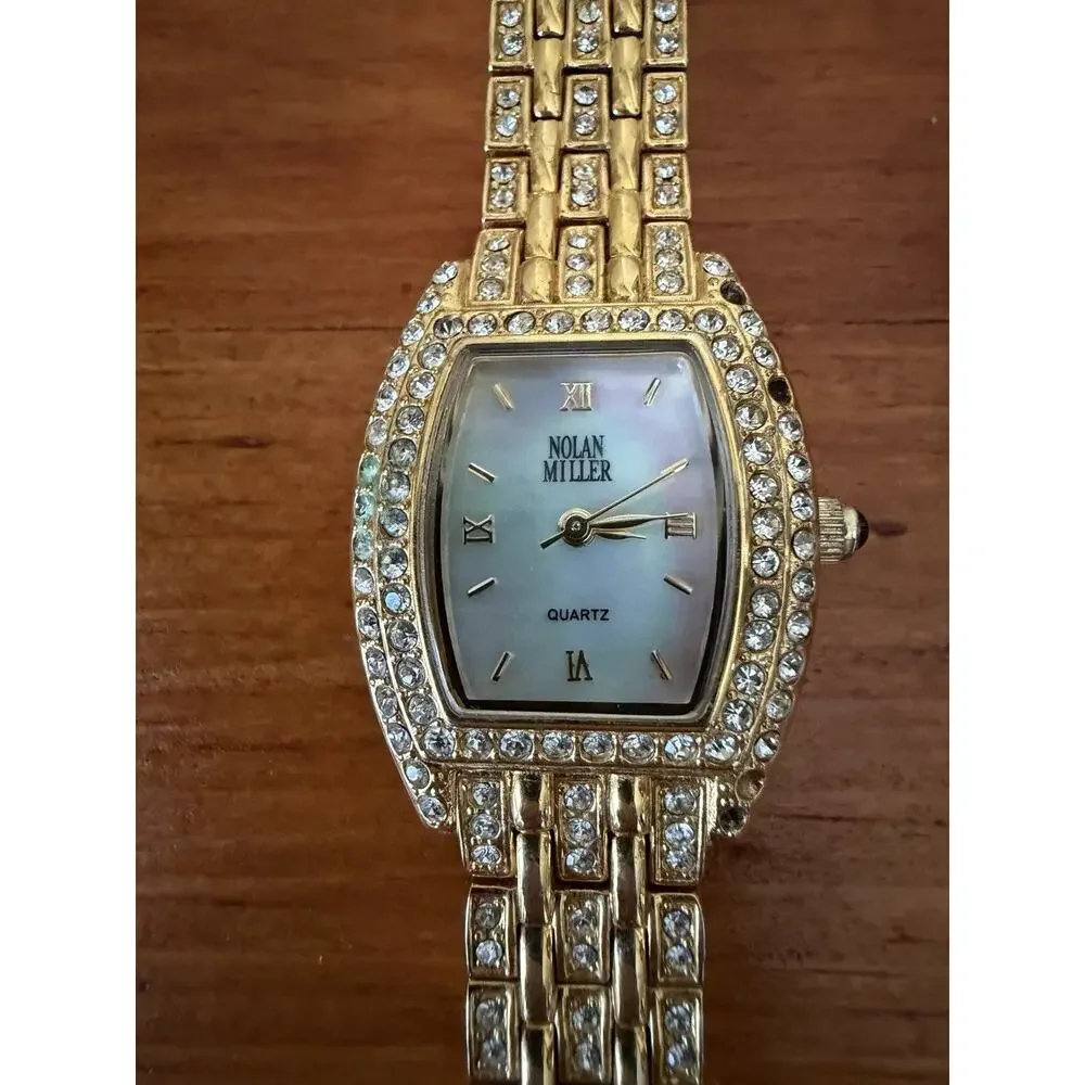 Nolan Miller Glamour Collection Crystal Gold Tone Bracelet Watch Mother Of Pearl
